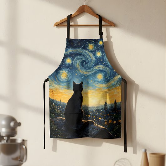Starry Night Artistic Black Cat & Celestial Town  Schort