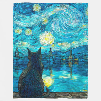 Starry Night Cat – Van Gogh Style Cat Art Fleece Deken