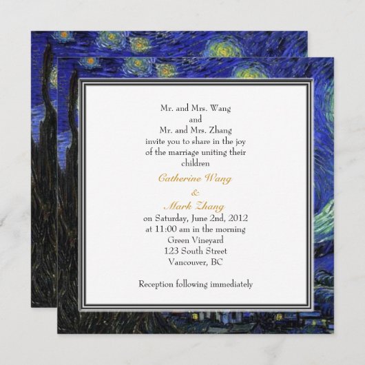 Starry Night, célèbre faire-part de mariage d'art. (Devant / Derrière)