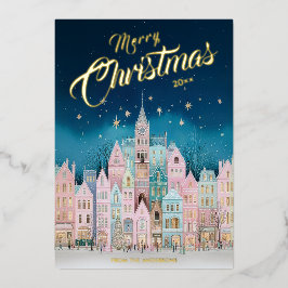 Starry Night Christmas Town Foil Holiday Card Folie Feestdagenkaart