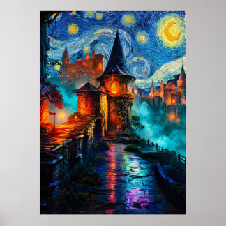 Starry Night Fantasy Castle Magical Oil Painting Poster