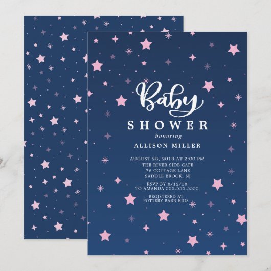 Starry Night Girls Baby shower Invitation (Devant / Derrière)