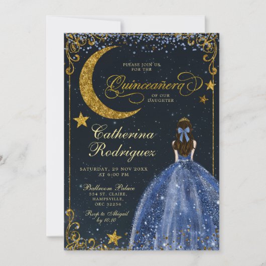 Starry Night Gold and Dark Blue Quinceanera Kaart (Voorkant)