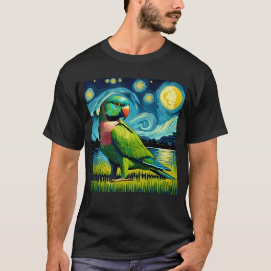 Starry Night Indian Ringneck Parrot Van Gogh Bird T-shirt (Voorkant)