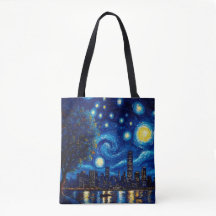 Starry Night Inspired Cityscape Tote Bag