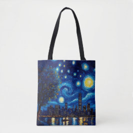 Starry Night Inspired Cityscape Tote Bag