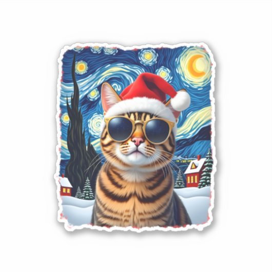 Starry Night Orange Tabby Cat Christmas Sticker (Voorkant)