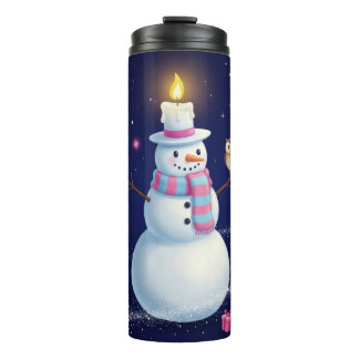 Starry Night Snowman with Candle Hat and Owl Thermosbeker