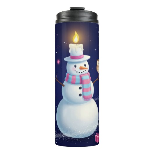 Starry Night Snowman with Candle Hat and Owl Thermosbeker (Voorkant)