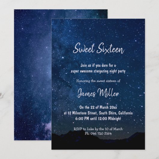Starry Night Sweet sixteen Boys invitation de nuit (Devant / Derrière)