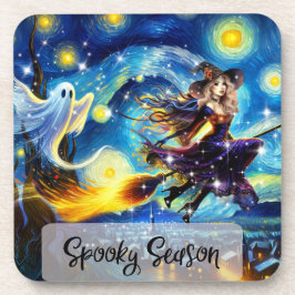 Starry Night Witchy Halloween Design Bier Onderzetter
