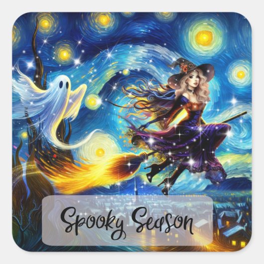 Starry Night Witchy Halloween Design Vierkante Sticker (Voorkant)