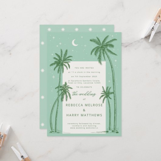 Starry Palm Trees Green boho bruiloft uitnodiging (Voorkant / Achterkant in situ)