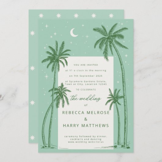 Starry Palm Trees Green boho bruiloft uitnodiging (Voorkant / Achterkant)