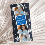 Starry Photobooth Hanoukka Carte photo<br><div class="desc">Cute Hanoukka carte photo dispose d'une bande de cabine photo avec trois photos et d'un panneau de texte bleu vif portant votre message d'accueil Hanoukka et les noms en blanc, sur un arrière - plan bleu marine pointillé de flocons de neige blancs dessinés à la main et les étoiles de...</div>