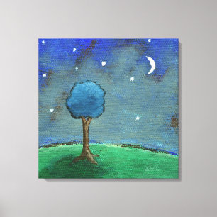 Starry Sterrennacht, Whimsical Tree Landscape Art Canvas Afdruk