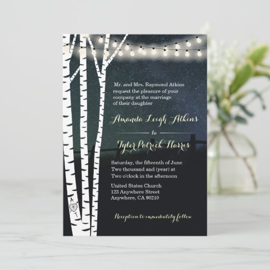 Starry String Light Birch Tree Wedding Invitations Kaart (Staand voorkant)
