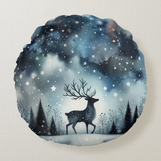Starry Winter Night Deer Rond Kussen (Voorkant)