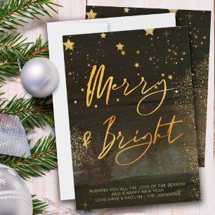 Starry Winter Night Merry en Bright Gold Script Feestdagenkaart