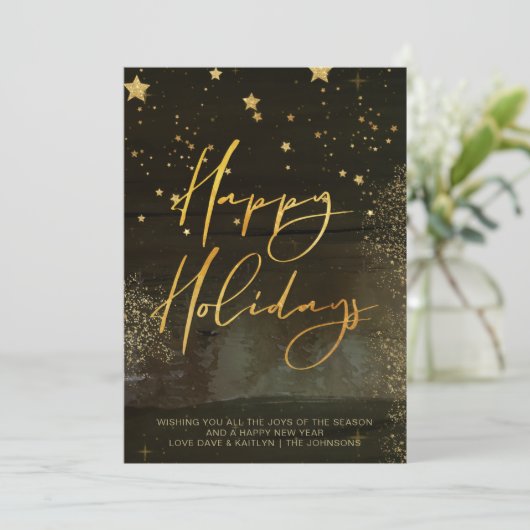 Starry Winter Night Prettige feestdagen Gold Scrip Feestdagenkaart (Staand voorkant)
