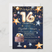 Stars Cake Navy Blue Sweet 16 Invitation Kaart (Voorkant)