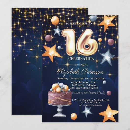 Stars Cake Navy Blue Sweet 16 Invitation Kaart (Voorkant / Achterkant)