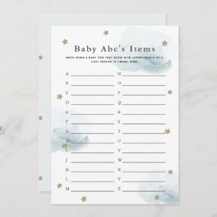 Stars & Clouds Baby ABC Item Shower Game Blue Card Kaart
