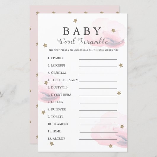 Stars & Clouds Word Scramble Baby shower Roze game (Voorkant / Achterkant)