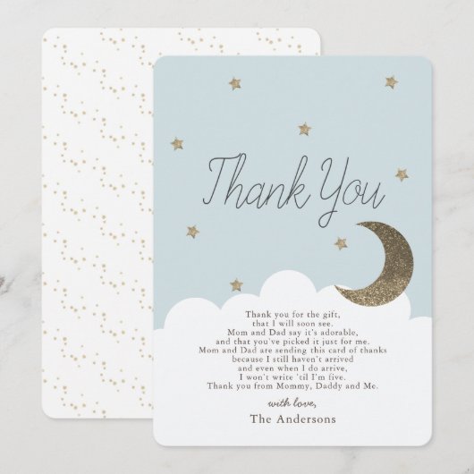 Stars & Crecsent Moon Blue Baby shower Dank je wel Kaart (Voorkant / Achterkant)
