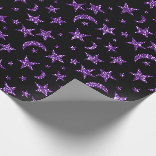 Stars en Moon Black Paars Plum Sparkly Cadeaupapier (Hoek)