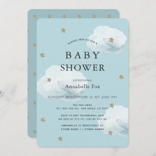 Stars & Fluffy Clouds Blue Baby shower Invitation Kaart