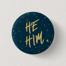 Stars He/Him Pronouns in Navy and Gold Ronde Button 3,2 Cm