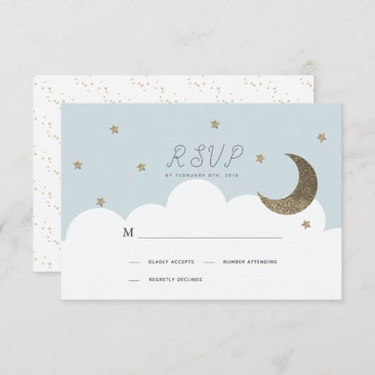 Stars & Lune Bébé Bleu Garçon Baptême RSVP (Devant / Derrière)