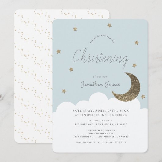 Stars & Moon Baby Blue Boy Christening Kaart (Voorkant / Achterkant)