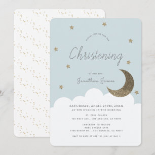 Stars & Moon Baby Blue Boy Christening Kaart