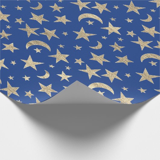 Stars Moon Blue Indigo Gold Metal Sky Champaign Cadeaupapier (Hoek)