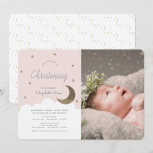 Stars & Moon Blush Pink Girl Foto Christening Kaart