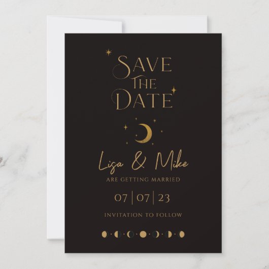 Stars & Moon Celestial Save the Date, Black & Gold Kaart (Voorkant)
