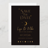 Stars & Moon Celestial Save the Date, Black & Gold Kaart (Voorkant / Achterkant)