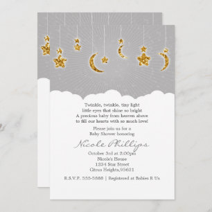 Stars Moon & Clouds Baby showers Invitations Grey