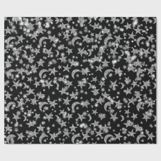 Stars Moon Spark Night Galaxy Black Silver Grey Cadeaupapier (Vlak)