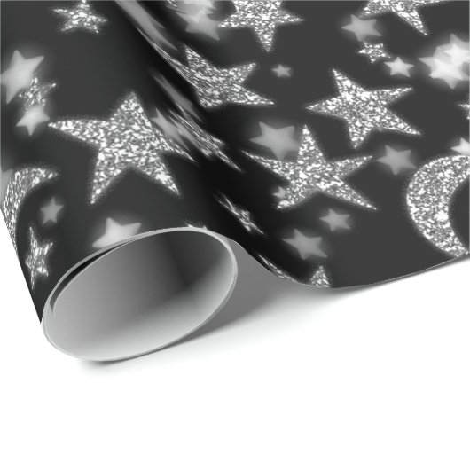 Stars Moon Spark Night Galaxy Black Silver Grey Cadeaupapier (Rol Hoek)