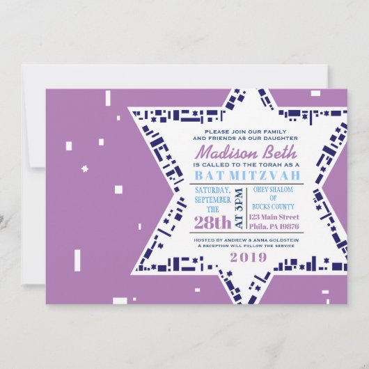 Stars & Squares Bat Mitzvah Invitation Lavender Kaart (Voorkant)