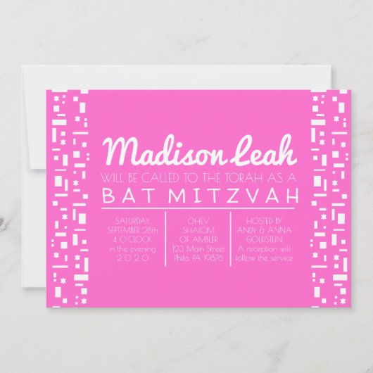 Stars & Squares PINK Bat Mitzvah Uitnodiging (Voorkant)