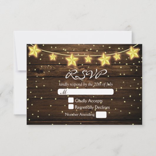 Stars String Lights Rustic Wood Wedding Carte RSVP (Devant)