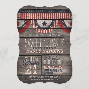 Stars & Stripes Rustic Wood Sweet 16 Party Kaart
