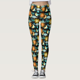 Stars Sun Moon Celestial Pattern Black Leggings