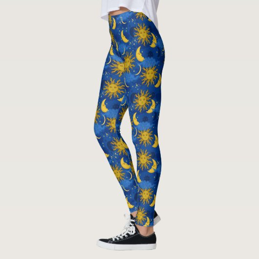 Stars Sun Moon Celestial Pattern Blue Gold Leggings (Links)