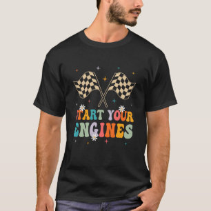 Start uw motoren Groovy geruite vlag retro race T-shirt