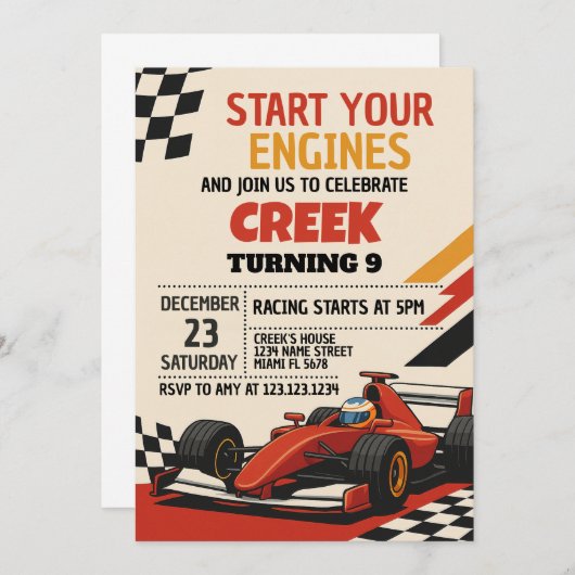 Start uw motoren! Uitnodiging voor autoverjaardag (Voorkant / Achterkant)